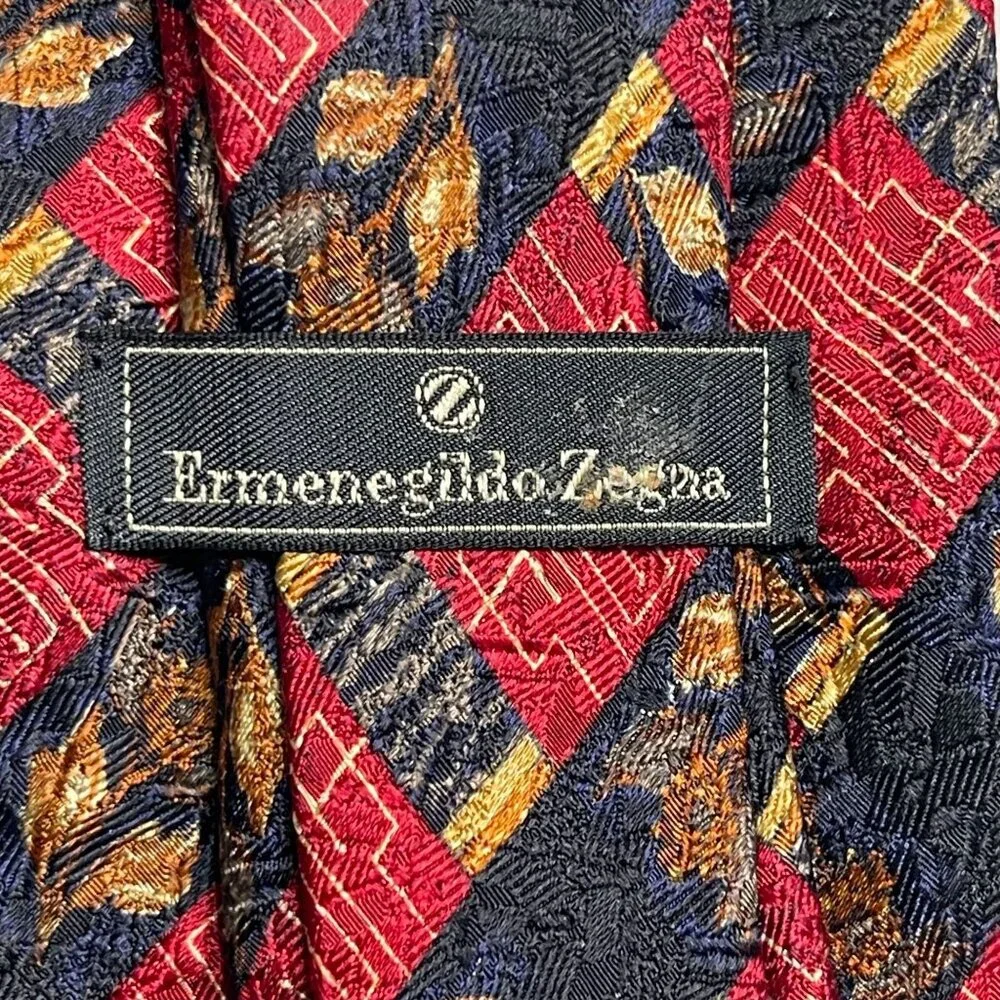 Ermenegildo Zegna Men's Red Black 100% Silk Geometric Print Tie One Size - Picture 4 of 5